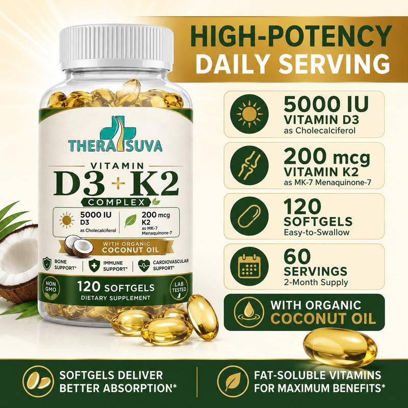 TheraSuva High Potency Vitamin D3 5,000 IU + K2 – Vegan, Non-GMO, with Organic Coconut Oil for Better Absorption – Bone & Heart Support, 2 Month Supply, 120 Softgels