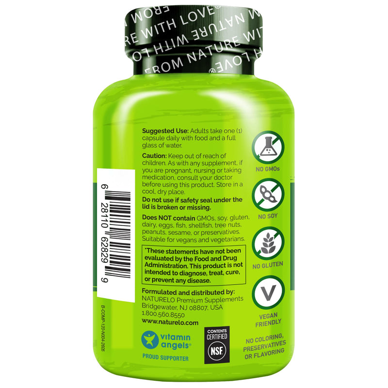 NATURELO Vitamin B Complex, 120 Capsules, Vegan, CoQ10, Methyl Folate | Biotin, Fruit & Vegetable Blend, Supports Energy And Healthy Stress Response, Super B Complex Vitamins for Women and Men 120 Count (Pack of 1)