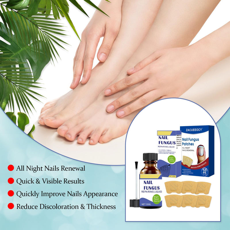 Toenail Fungus Treatment Extra Strength Kit, 30ml Nail Repair Solution and 32 Nail Renewal Patches for Damaged Thick Discolored Toenails and Fingernail