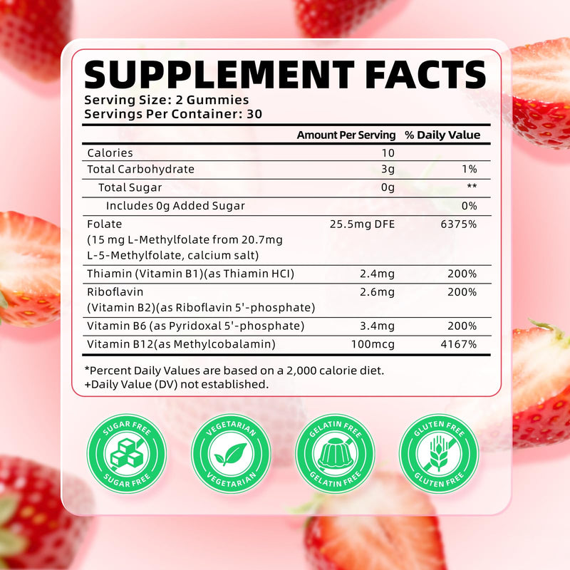 softbear L-Methylfolate 15mg Gummies for Kids & Adults, Organic Methylfolate Supplement 5-MTHF Plus Methyl B12, B1, B2, B6 Support MTHFR Gene, Cognition Function, Strawberry Flavor 60 Count 60 Count (Pack of 1)