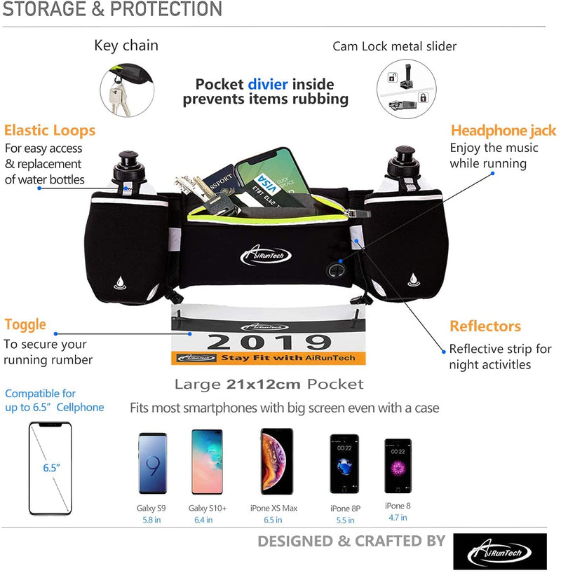 AiRunTech Hydration Running Belt with Water Bottle, Running Fanny Pack for Phone and Wallet Holder, Running Bag Runners Essentials Accessories Marathon Triathlon Walking Jogging Gear Gift BK+GN 2*10 OZ bottles - BeesActive Australia