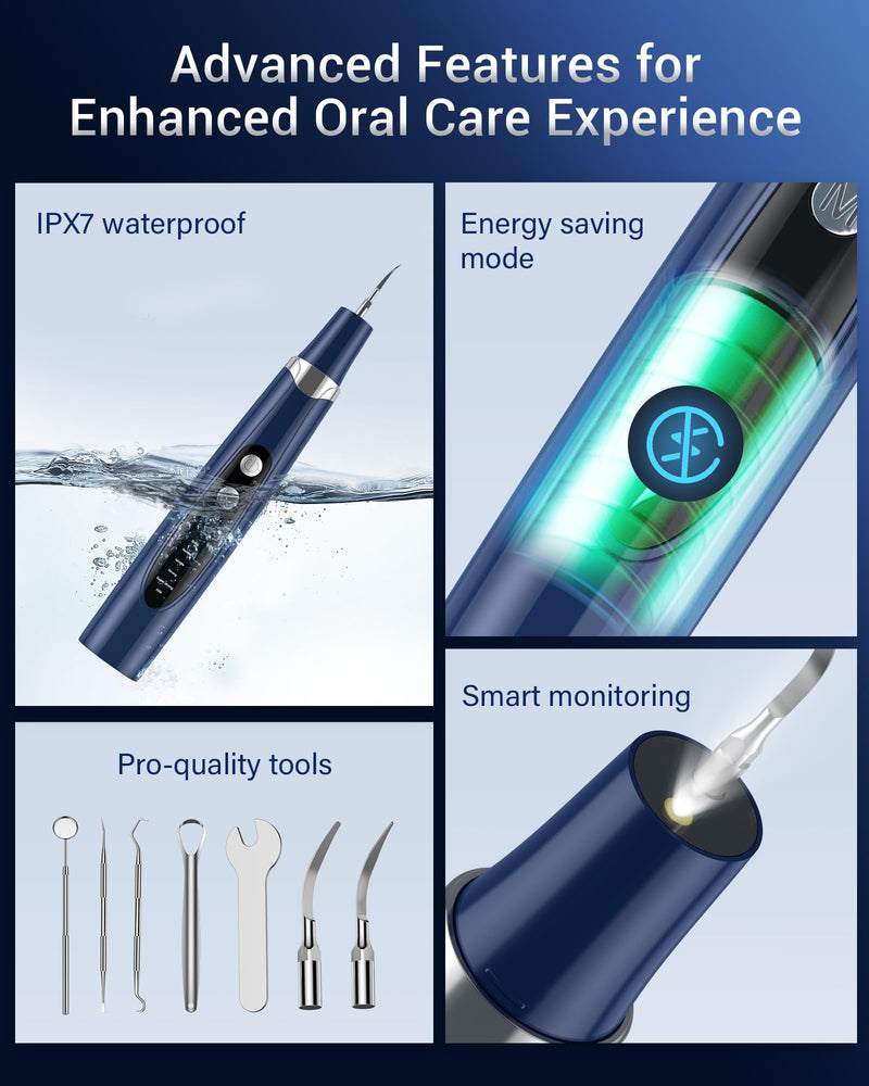 Plaque Remover for Teeth - Tartar Remover for Teeth with LED Light & 5 Modes, Rechargeable Hard Plaque Remover with 2 Replaceable Heads, Ultrasonic Teeth Cleaner Kit for Home Use Blue - BeesActive Australia
