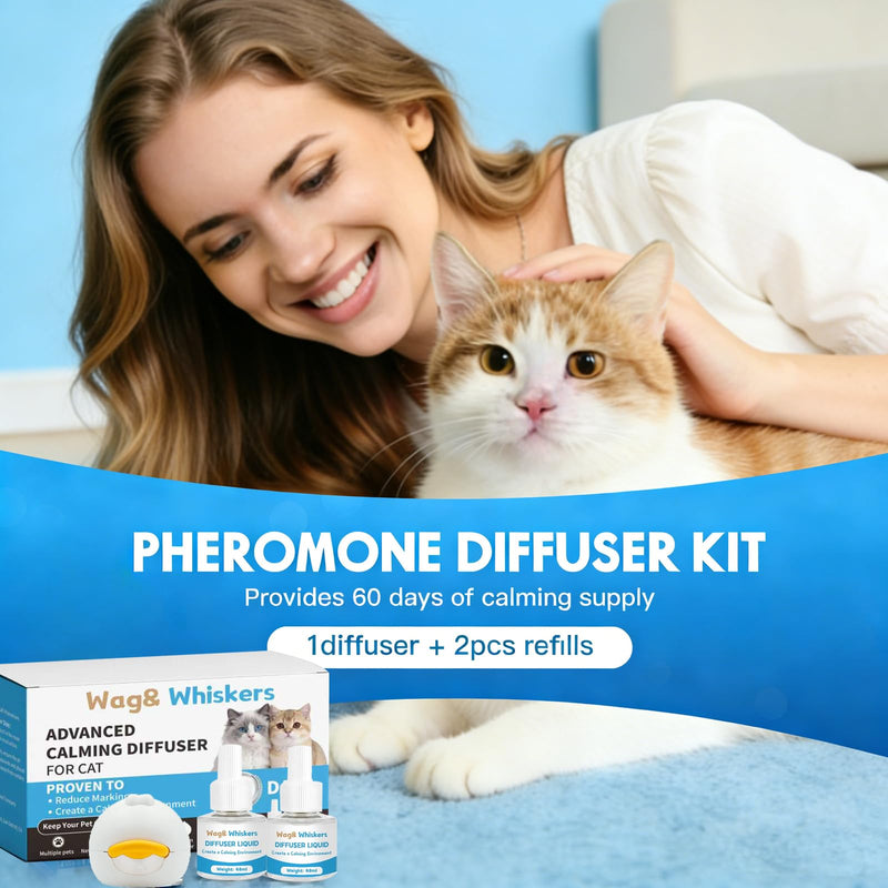 Cat Pheromones Calming Diffuser, Pheromone Diffuser to Calm Cats, Cat Calming Spray, Stress Relief and Anxiety Relief for All Cats, Soothe Your Pet's Emotions, 3-in-1 Kit for Cats (2pc) 2pc
