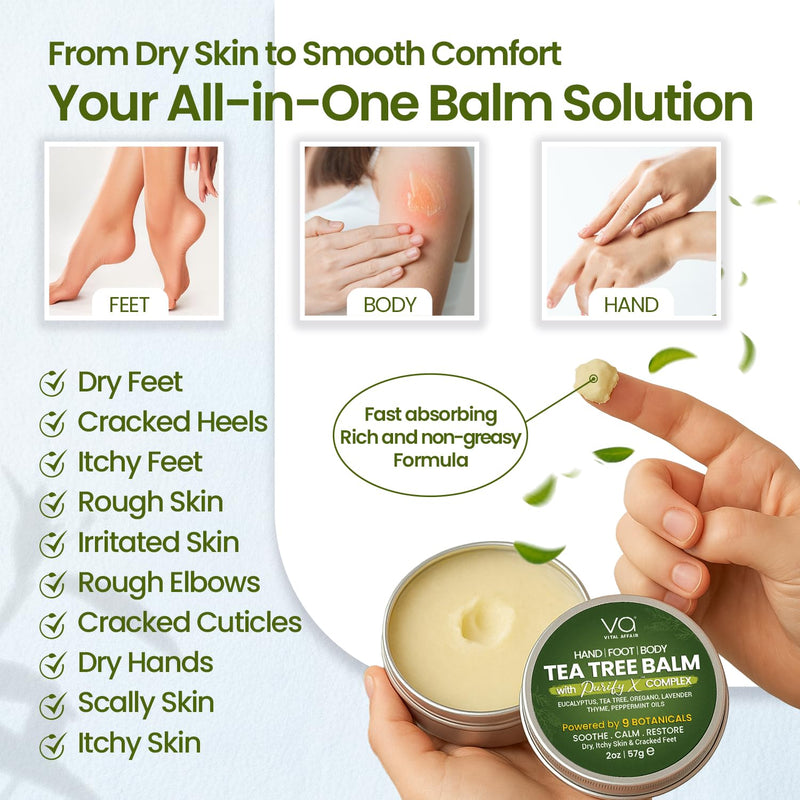 VITAL AFFAIR Tea Tree Oil Balm – Soothing Care for Rashes, Athlete’s Foot, Jock Itch, Bug Bites, Folliculitis, Cracked Feet, Dry, Flaky, Irritated Skin – For All Ages & Sensitive Skin - 2 oz Natural Tea Tree 2 Ounce (Pack of 1) - BeesActive Australia