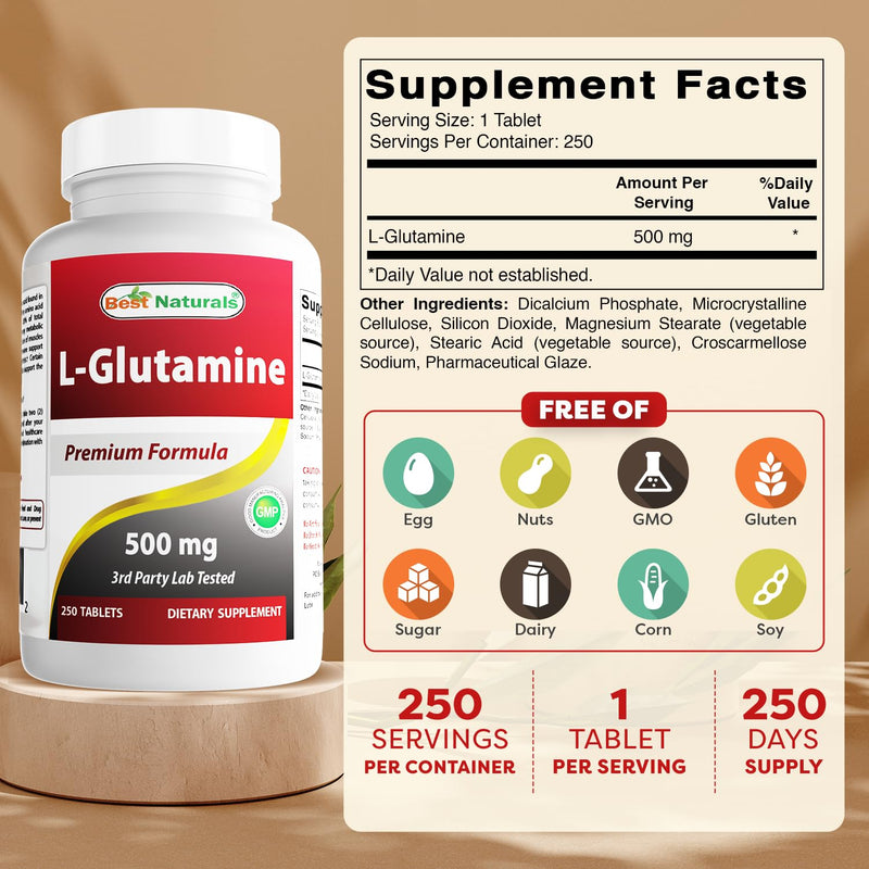 Best Naturals L-Glutamine 500mg, 250 Tablets (250 Count (Pack of 2)) 250 Count (Pack of 2)