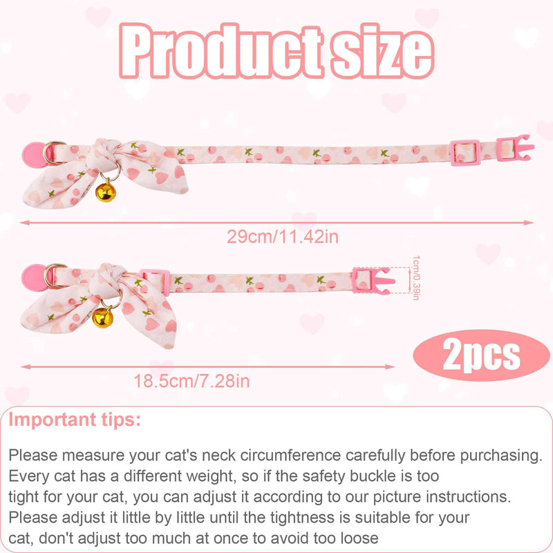 2pcs Cotton Bowtie Cat Collar with Bell, Breakaway Cute Bow Tie Kitten Collars Adjustable Cherry & Pink Heart Cat Collar for Female Cats Girl and Boy Pets - BeesActive Australia