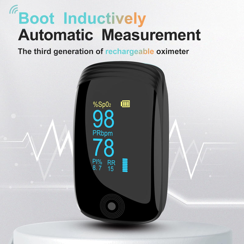 Fingertip Pulse Oximeter with Respiration Rate & Respiratory Monitoring SpO2, Heart Rate, PI & RR Measurements, Blood oximeter Rechargeable 6 Display Modes & 4-Way Rotatable Screen for Home & Sports UseÔºàBlackÔºâ