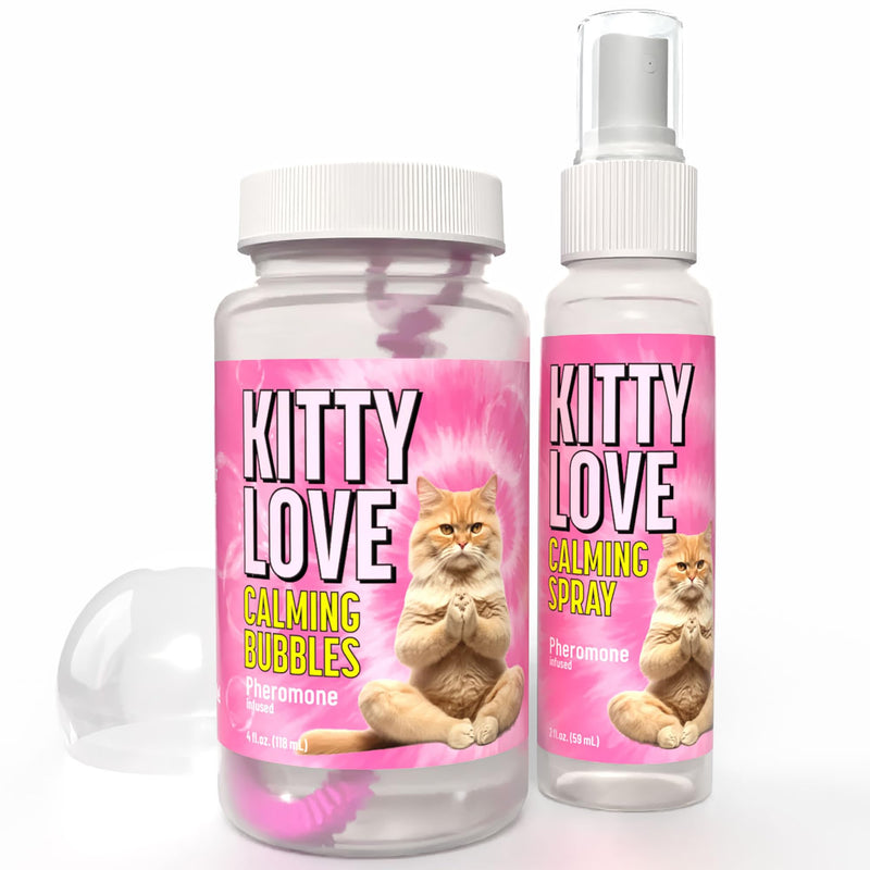 Atomic Bubbles: Kitty Love Play & Spray Duo - Calming Pheromone - 4oz Scented Bubble Bottle, 2oz Spray - Relieve Cat Anxiety, Sensory Set, in-Outdoor