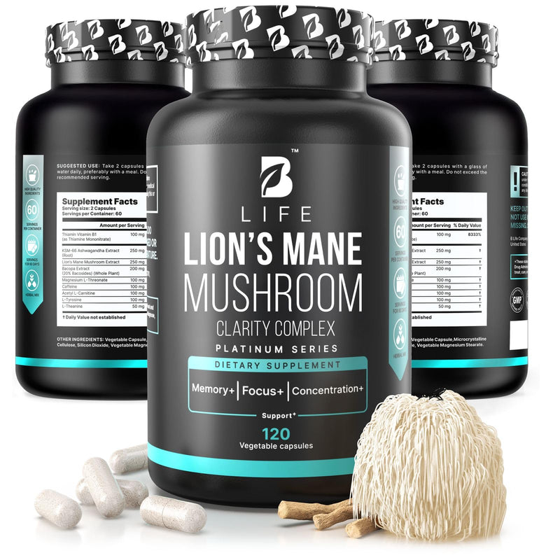 Lion’s Mane Mushroom Capsules – Memory, Focus & Clarity – Nootropic Brain Supplement with Ashwagandha, Thiamin (B1), Magnesium L-Threonate – Cognitive and Brain Support for Mental Energy, 120 Caps 120 Count (Pack of 1)