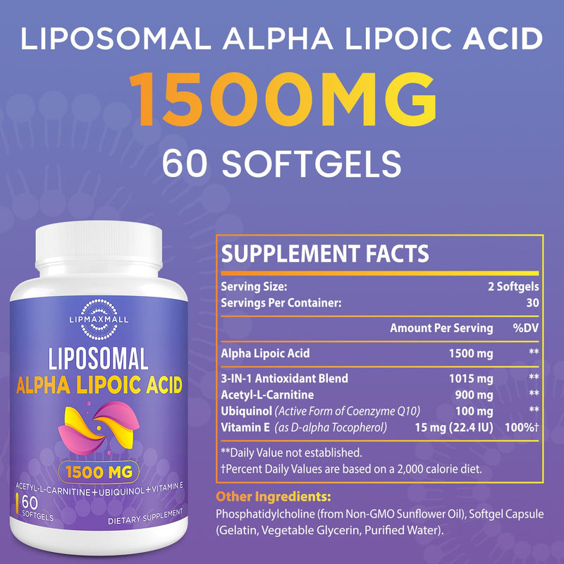 Liposomal Alpha Lipoic Acid 1500mg - with Acetyl-L-Carnitine 900mg & Ubiquinol 100mg & Vitamin E 15mg，ALA Supplement for Antioxidants Glucose Metabolism Nerve Energy, 60 Softgels (3 Bottle) Unflavored 60 Count (Pack of 3)