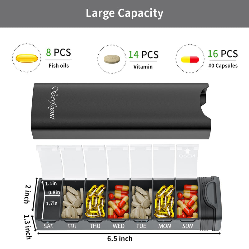 Metal Weekly Pill Organizer, Serfeymi Aluminum Daily Pill Box(Spare Gasket Provided),7 Day Pill Case Travel Medicine Organizer,Pill Containers with Individual Lid for Vitamins,Pills, Supplement-Black With Lid 6.5in*2in*1.3in Black - BeesActive Australia
