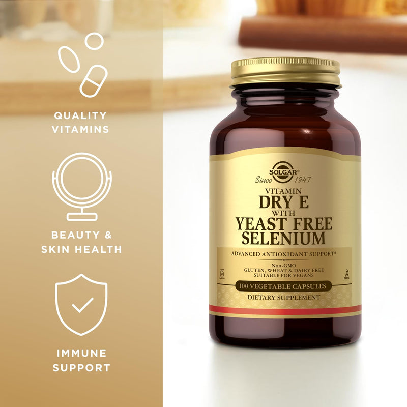 Solgar Dry Vitamin E with Yeast-Free Selenium - 100 Vegetable Capsules - Advanced Antioxidant Support - Non-GMO, Vegan, Gluten Free, Dairy Free, Kosher - 50 Servings 100 Count (Pack of 1)