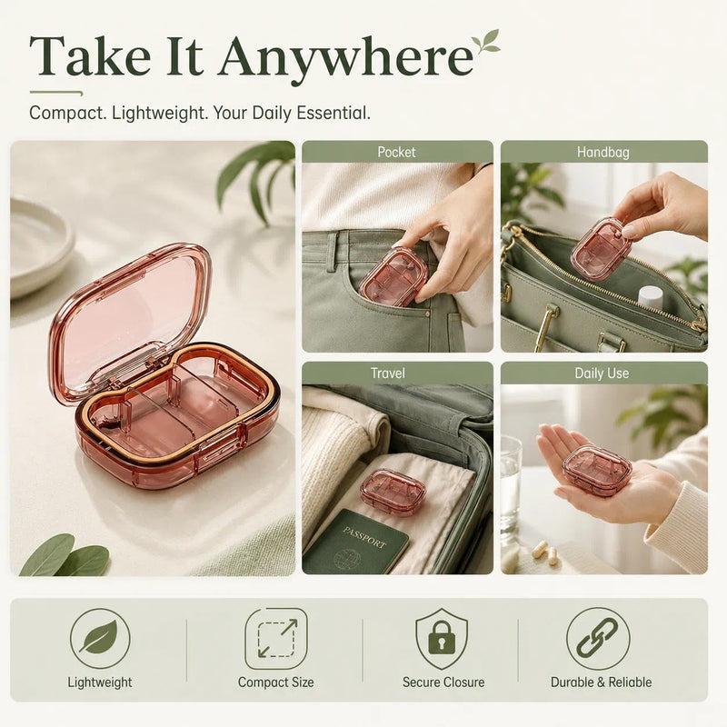 Mini Portable Vitamin Case Small Pill Box Travel Organizer, Red | Daily Supplement Container Fish Oil Storage. For commuting, school, office, travel, daily carry, storage, and organization.