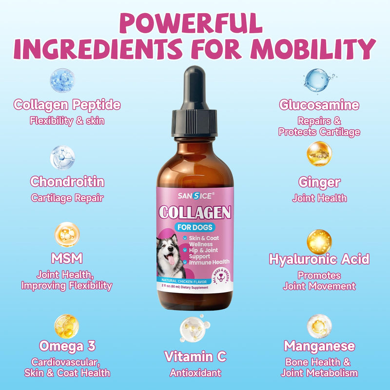 Collagen for Dogs Joint Health, Grass-fed Dog Collagen Drops with Omega 3, Vitamin C for Skin & Coat, Dog Hip and Joint Supplement with Glucosamine, Chondroitin, Hyaluronic Acid-Bone, Immune-2 Fl