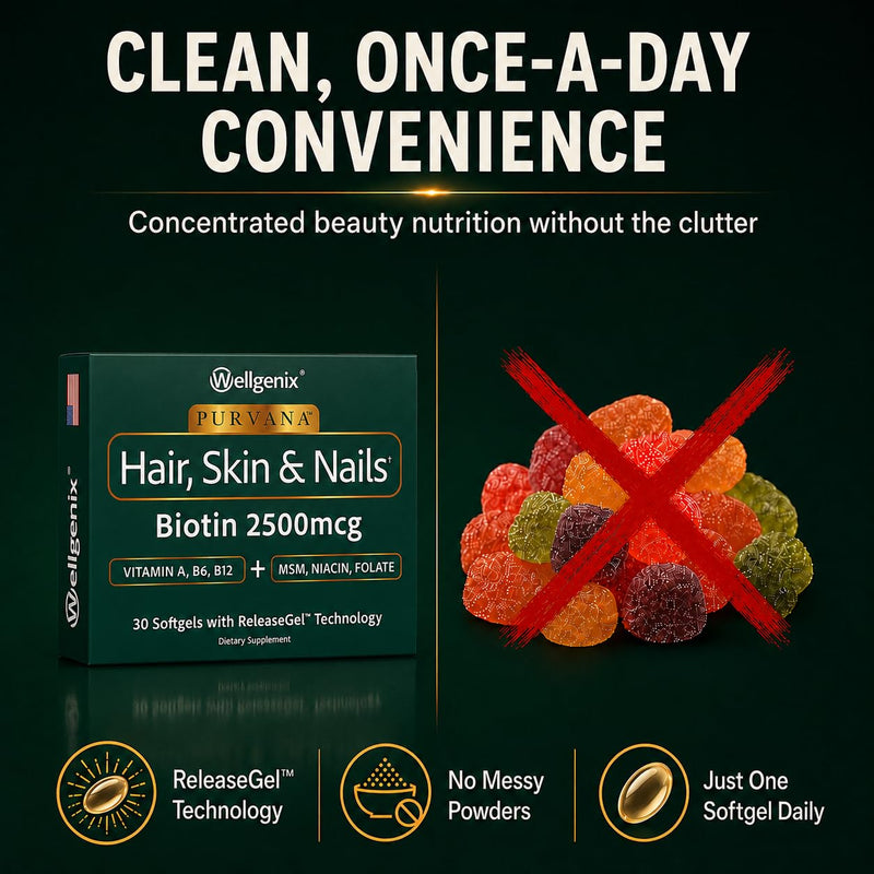 Wellgenix Purvana Hair Skin and Nails Supplement – 2500mcg Biotin Softgels with MSM & B-Complex – Daily Beauty Support for Stronger Nails & Hair Vitality – 30 Softgels | MSM, alpha lipoic acid & grape seed softgels for thicker-looking hair, stronger-lo...