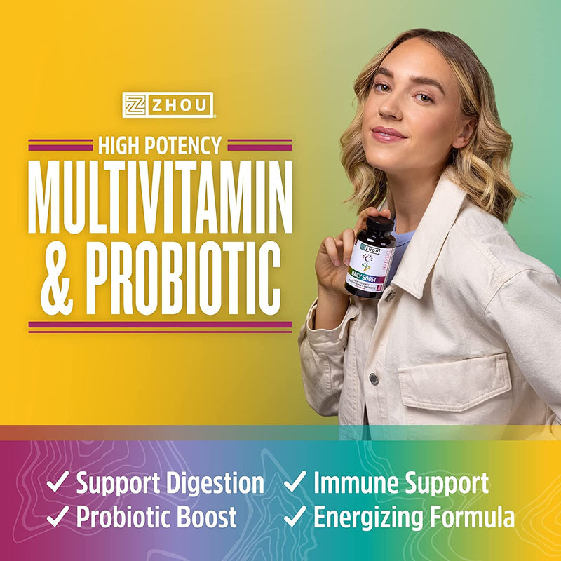 Zhou Daily Boost - Immune Support, Vitamin C - 30 Veggie Capsules | Probiotic Multivitamin for Women & Men, Antioxidant & Eye Health Supplement with Vitamin A, Biotin & Folate for Adults 60 Count (Pack of 1)