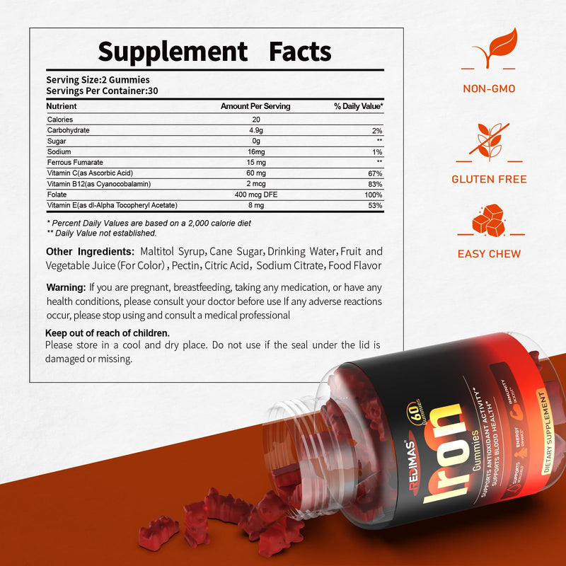Vegan Iron Gummies, Daily Nutritional Support for Adults, 60 Count | Plant-Based Iron Supplement with Vitamin C, E, B12 & Folate, Energy Metabolism Support & Women’s Wellness, Cherry Flavor