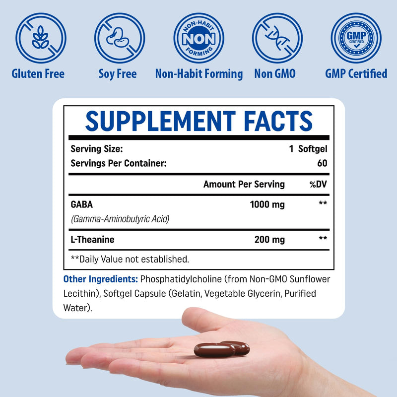 Liposomal GABA with L-Theanine 1200mg Supplements 1 Pack for Adults | High Bioavailable Capsules, 60-day Supply 60 Count (Pack of 1)