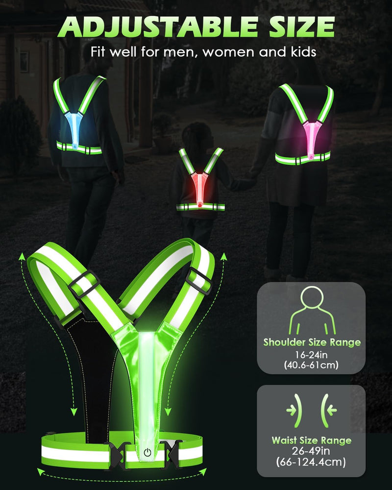 Zacro LED Reflective Vest Running Gear, 5 Lights Colors High Visibility Reflective Running Gear Rechargeable Light Up Running Vest for Walking Running Cycling, Adjustable for Men Women Kids Light Green 2