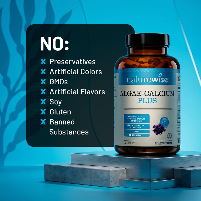 NatureWise Algae Calcium Plus - with Aquamin Calcium, Magnesium, Vitamin C, D3, and K2 - Vegan Algae Calcium Supplements for Women & Men - Bone Health Support - Non-GMO - 120 Capsules[60-Day Supply]