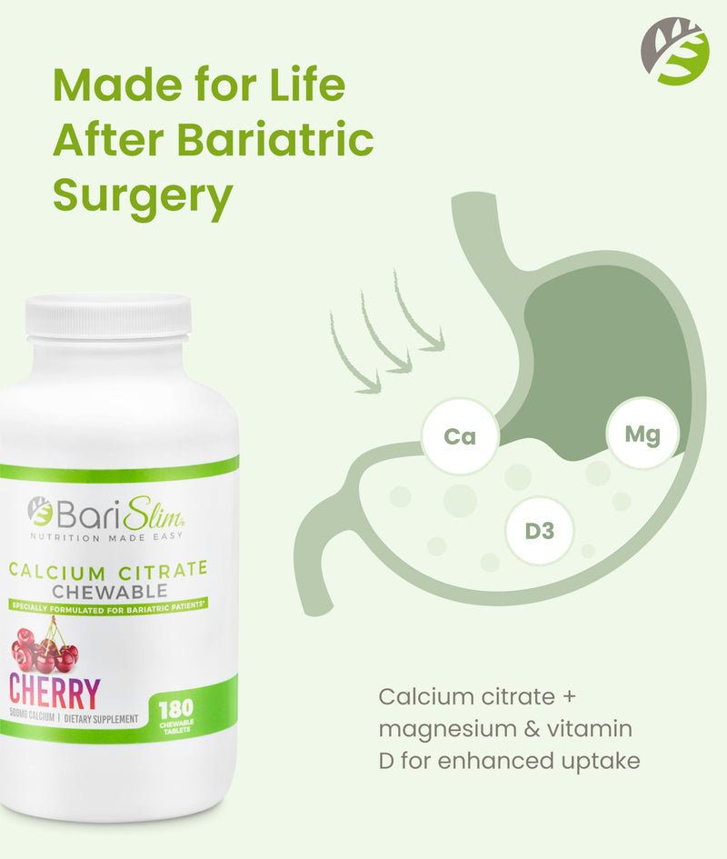 BariSlim Bariatric Calcium Citrate with Magnesium Citrate & Vitamin D Chewable Tabs - 500mg Calcium Citrate - Formulated for Post Weight Loss Surgery - Supports Bone Health | Cherry | 180 Tabs