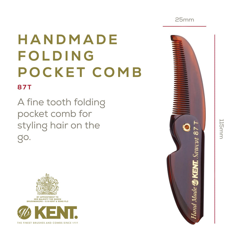 Kent 87T Handmade Folding Pocket Comb for Men, Fine Tooth Hair Comb Straightener for Everyday Grooming Styling Hair, Beard or Mustache, Use Dry or with Balms, Saw Cut Hand Polished, Made in England Pack of 3 Tortoiseshell