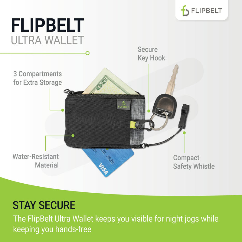 FlipBelt Ultra Wallet – Zippered Running Wallet with Safety Whistle, Exercise Wallet, Black Heather, USA Company