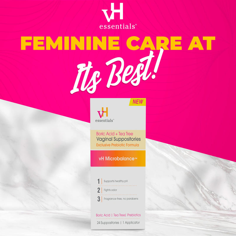 vH essentials Boric Acid + Tea Tree Vaginal Suppositories - Prebiotics Formula with Lactic Acid - PH Balance, Odor Control, Feminine Care - 24 Suppositories + Applicator, White, 2.4 Ounces (5397) Medication - BeesActive Australia