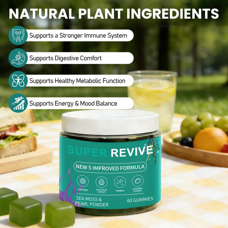Super Revive Gummies for Hair Loss - Sea Moss Gummies with Vitamin C, E, Aloe Vera & Pearl Powder Glow, Promotes Thicker, Fuller & Stronger Hair - 60 Count