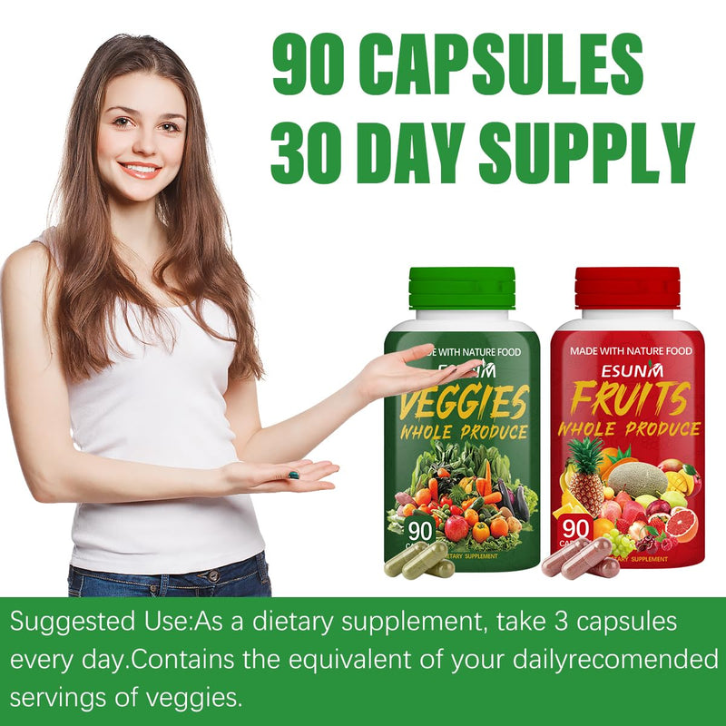 ESUNM Fruits and Veggies Supplement - 90 Fruit and 90 Veggie Capsules - Supports Energy Levels, High Lycopene, Vitamins & Minerals - 90 Count (Pack of 2)