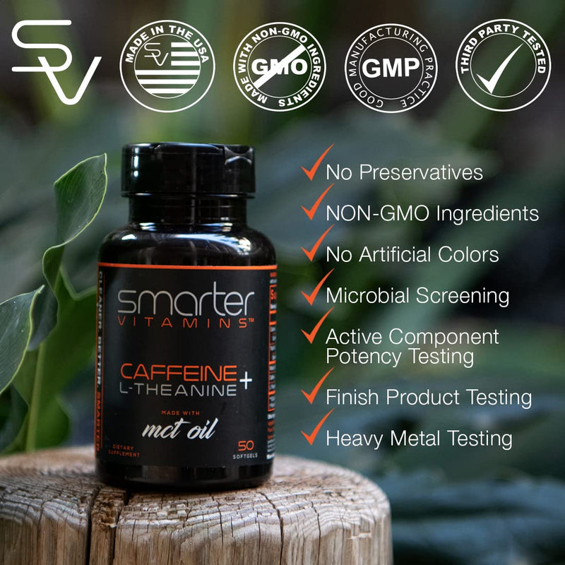 SmarterVitamins 200mg Caffeine Pills - MCT Oil from 100% Coconuts + 100mg L-Theanine, Energy and Focus, Extended Release Capsule, 50 Liquid Softgels - BeesActive Australia