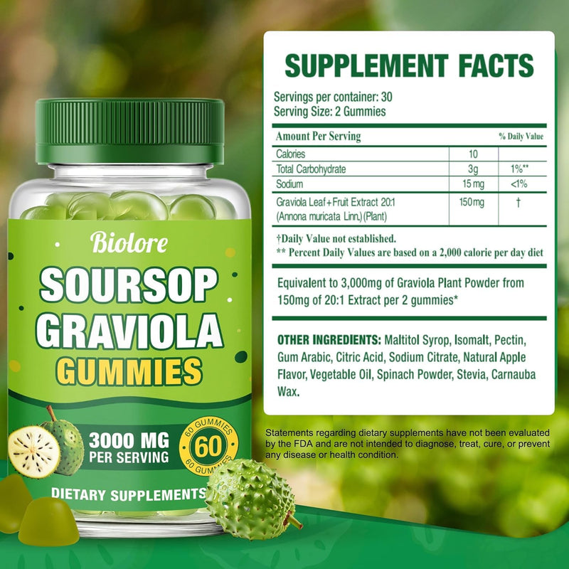Biolore Soursop Graviola Gummies, Natural Apple Flavor, 30 Days Supply | Soursop Leaf & Fruit Extract, Sugar Free, Gluten Free, Vegan Friendly Soursop & Apple 60 Count (Pack of 1)
