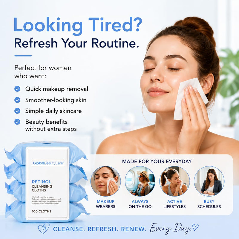 Global Beauty Care Retinol Waterproof Makeup Remover Facial Cleansing Wipes | Supports Firmer-Looking Skin, Removes Waterproof Makeup, Oil & Dirt, Smooths Skin Texture, All Skin Types, 100 Wipes (4-Pack) 25 Count (Pack of 4)