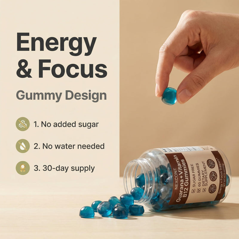 B12 Gummies Dietary Supplement B12 Gummy with Guarana Extract, Supports Energy & Focus, Sugar Free, 30 Day Supply, 60 Count.