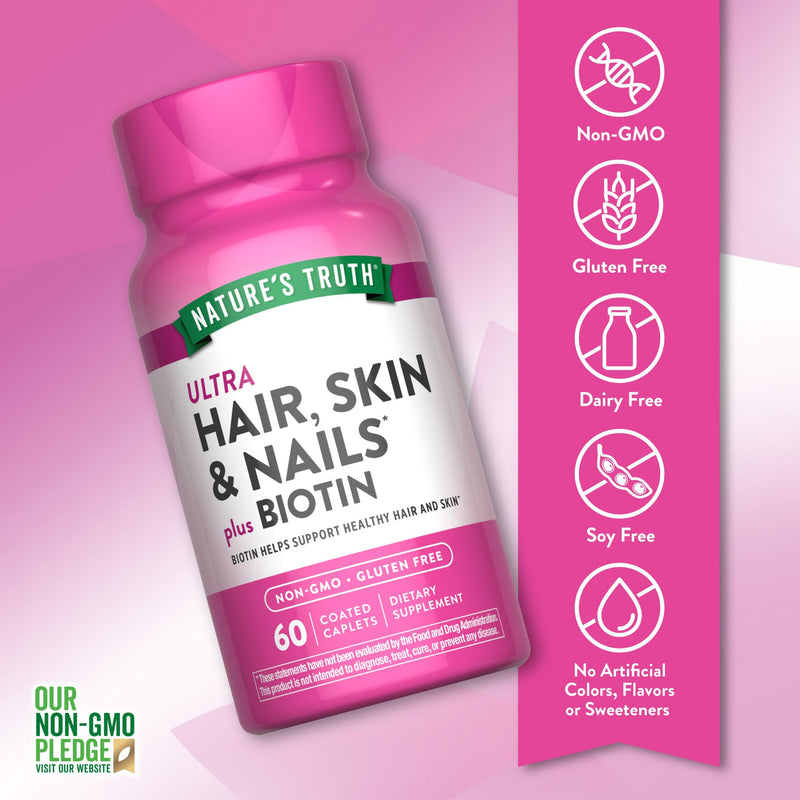 Nature's Truth Hair Skin and Nails | 60 Caplets | Plus 5,000 mcg Biotin | Non-GMO & Gluten Free Supplement