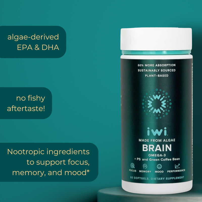 Iwi Life Brain Omega-3, 60 Softgels (30 Servings), Vegan Plant-Based Algae Omega-3 with EPA + DHA, Focus, Memory and Mood Support Dietary Supplement, Krill & Fish Oil Alternative, No Fishy Aftertaste 30 Servings