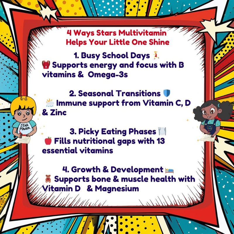 Stars Kids Multivitamin Gummies with Omega 3, Vitamins for Kids with A, B, C, D, Plant Based Multi Vitamins for Children, Manganese, 60 Star-Shaped Multivitamin for Kids, Gluten-Free Gummy Vitamins Stars Children's Vitamin