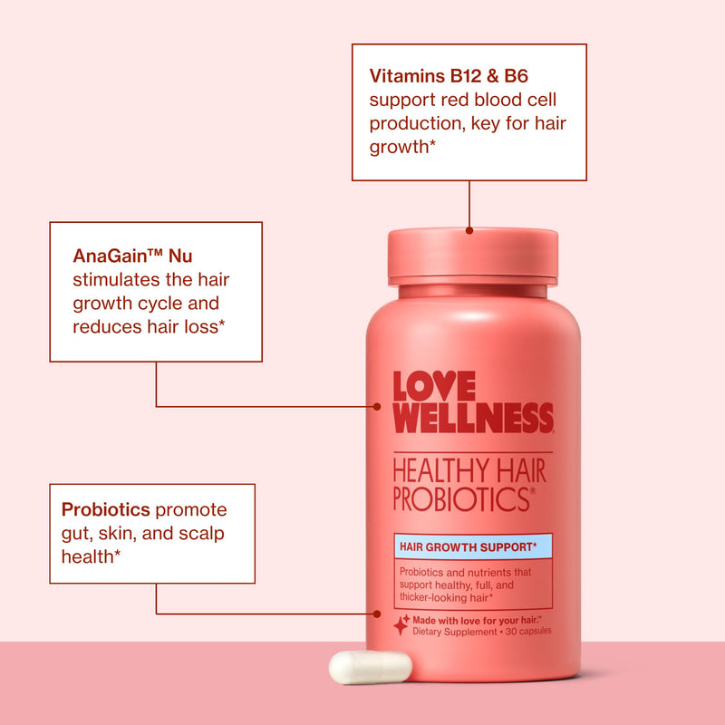 Love Wellness Healthy Hair Probiotics | Biotin, Vitamin B12 & B6 | 30 Ct | Contains healthy hair blend, AnaGain™ Nu, probiotic blend, hyaluronic acid, Non-GMO, gluten-free, Sugar-free, 1 cap daily