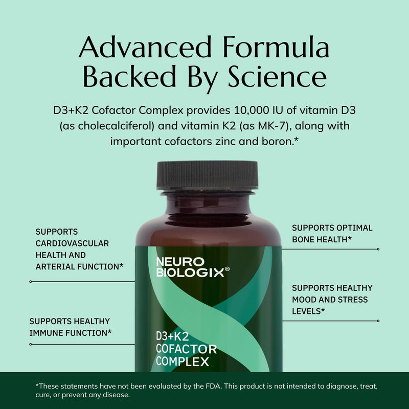 Neurobiologix Vitamin D3 + K2 Cofactor Complex, 10,000 IU, 60 Capsules | High-Potency, MK-7, Zinc & Boron, Bone Strength & Cardiovascular Support