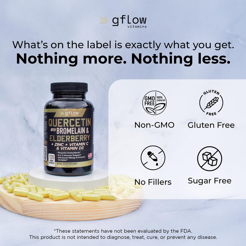 gflow vitamins Quercetin with Bromelain Zinc Vitamin C Vitamin D Elderberry - 120 Veggie Capsules, Non-GMO, Gluten-Free | Immune Support Supplement | Made in USA | 2 Months Supply 120 Count (Pack of 1)