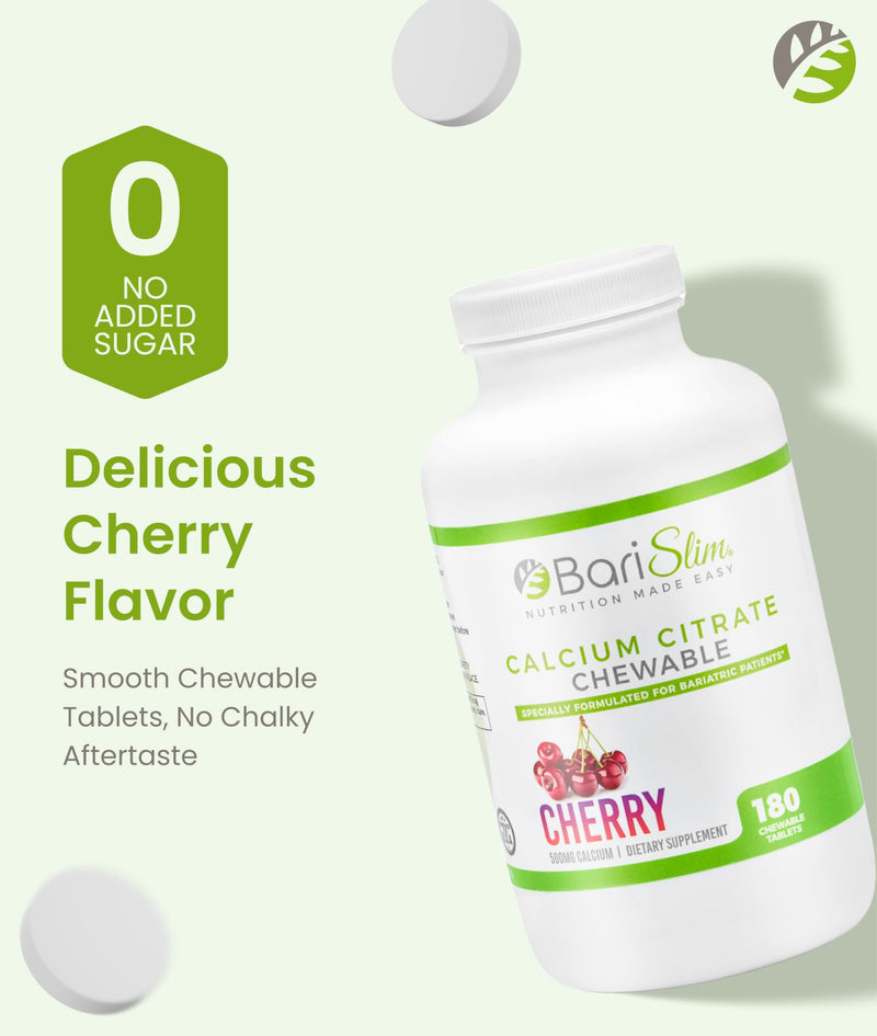 BariSlim Bariatric Calcium Citrate with Magnesium Citrate & Vitamin D Chewable Tabs - 500mg Calcium Citrate - Formulated for Post Weight Loss Surgery - Supports Bone Health | Cherry | 180 Tabs