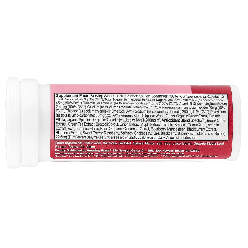 Amazing Grass Electrolyte Tablets, Fizzy Greens, Strawberry Lemonade, 10 Ct | Fizzy Greens Electrolyte Tablets with Vitamins for Hydration, One Serving of Alkalizing Greens per Tablet