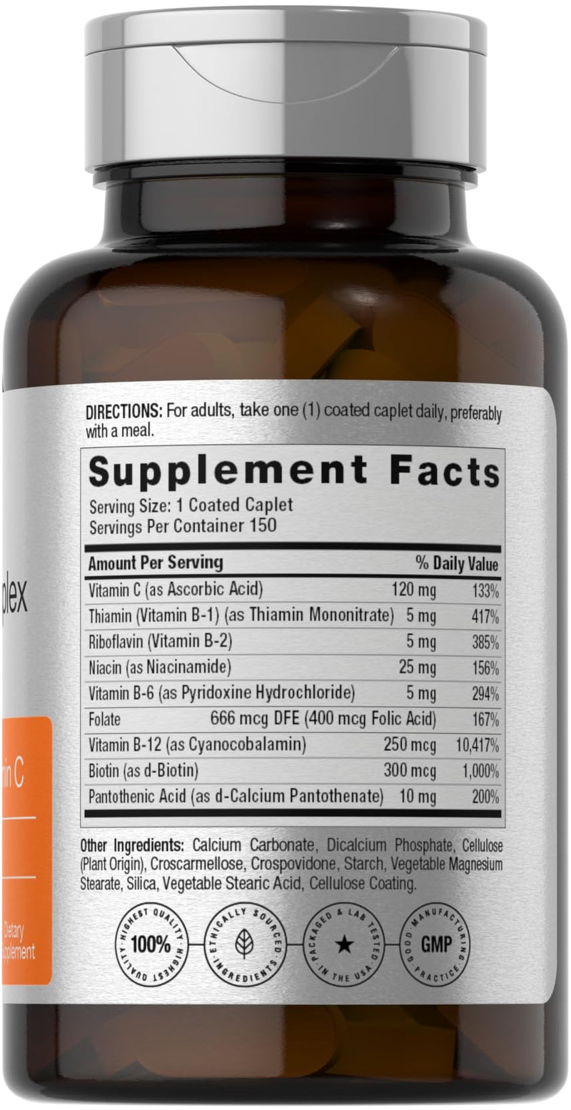 Horbaach B Complex Vitamins for Women and Men | 150 Caplets | With Folic Acid & Vitamin C | Non-GMO & Gluten Free Supplement