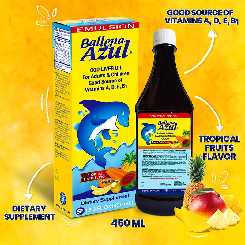 Ballena Azul Aceite de Hígado de Bacalao para Adultos y Niños, COD Liver Oil for Adults and Children, Good Source of Vitamins, Dietary Supplement, Omega 3 (Tropical Fruits 15 OZ)