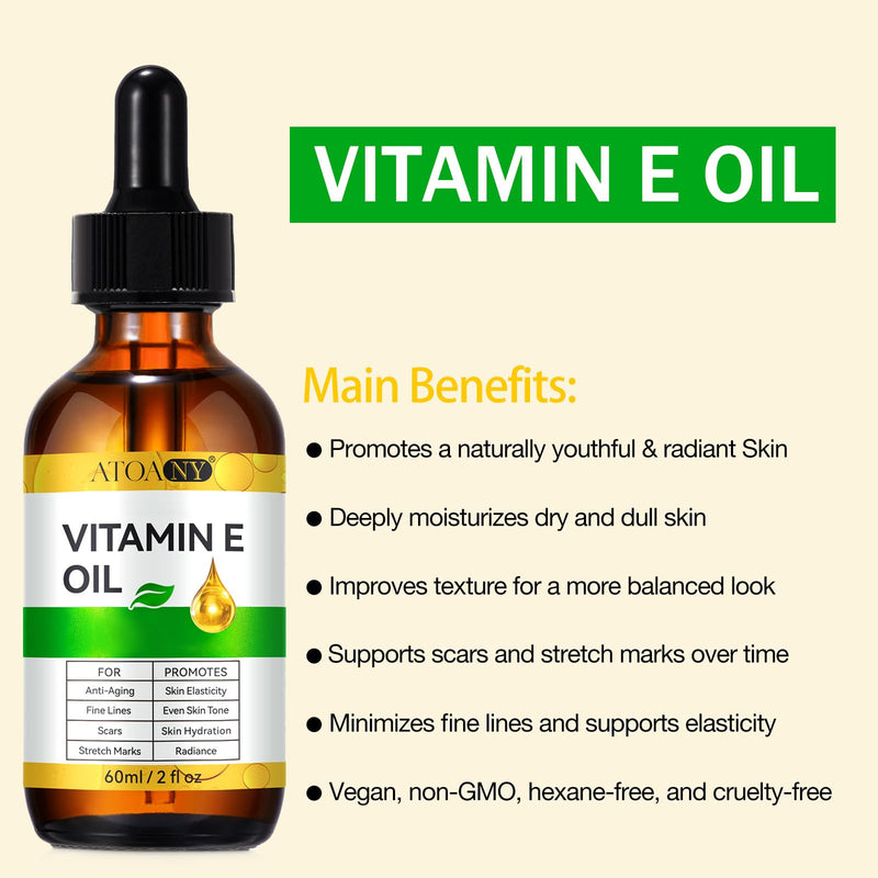 Vitamin E Oil 2 pack - 100% Pure Vitamin E Oil for Skin, Face, Hair, Body - Natural Antioxidant for Dryness, Wrinkles, Scars & Stretch Marks, Deep Hydration for Soft, Glowing Skin 2 Fl Oz (Pack of 2)