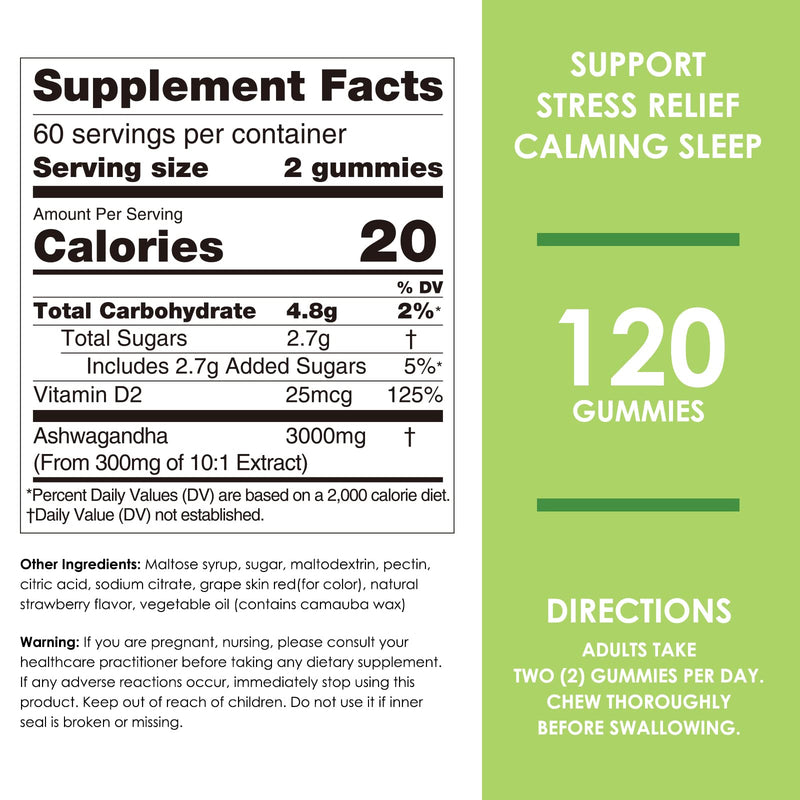 Nature's Key Ashwagandha Gummies, High Potency Ashwagandha Root Extract with Vitamin D2, for Men & Women, Stress, Calm Mood & Cognition, Strawberry Flavor (120 Count (Pack of 1) 120 Count (Pack of 1)