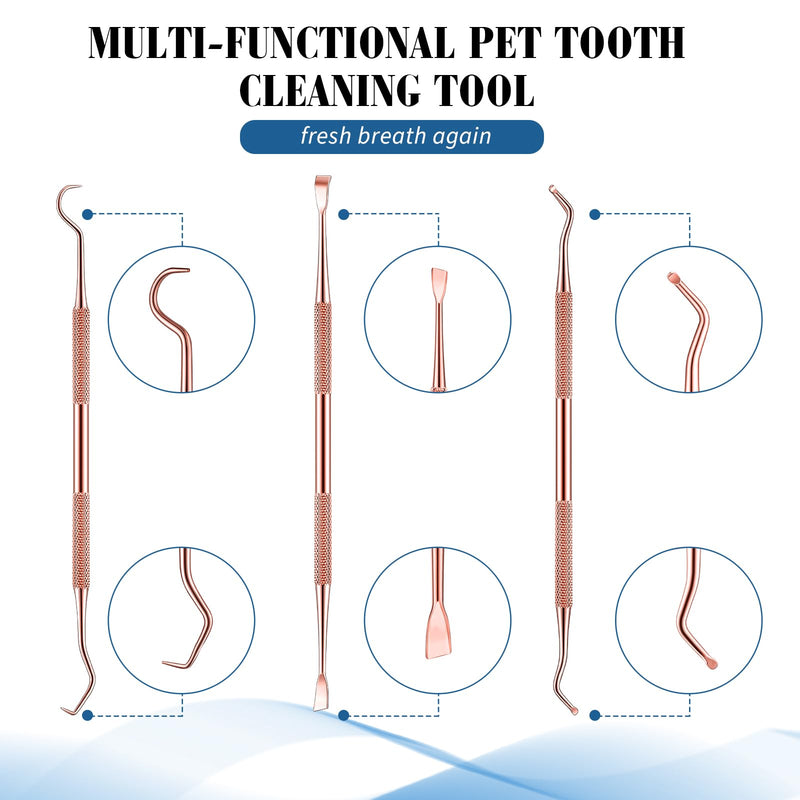 Hotop 3 Pieces Dog Dental Tooth Scaler and Scraper Stainless Double Headed Tarter Removing Tool Scraper Pet Teeth Cleaning Tools for Dog and Cat (Rose Gold) Rose Gold