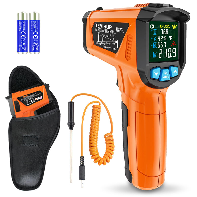 Infrared Thermometer Gun, Non Contact Digital Laser Thermometer Temperature Gun with Color LCD for Cooking, Home Repairs, Humidity Measurement, Adjustable Emissivity -58°F to 1472°F(-50~800°C) Orange -58℉~1472℉(-50℃~800℃)