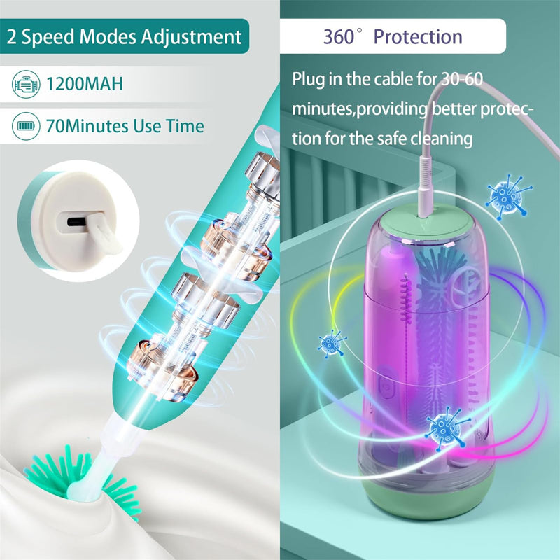 Electric Bottle Brush Cleaner, Electric Baby Bottle Cleaner with Replaceable Silicone Bottle Brushes,Nipple and Straw Brush, Travel Bottle Brush Set with Drainage Rack and Storage Box Green - BeesActive Australia