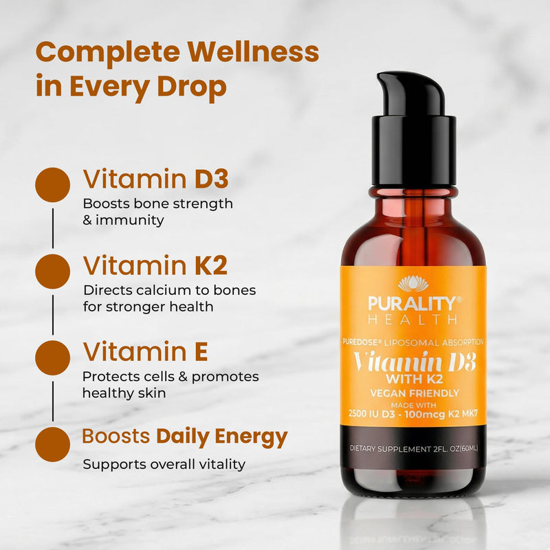 Purality Health Liposomal Vitamin D3, K2 Drops for Bone Strength - 2 Fl oz | Micelle Enhanced Absorption Liquid Technology | Immune & Heart Support | Vegan, Non-GMO, Gluten Free | 30 Days Supply